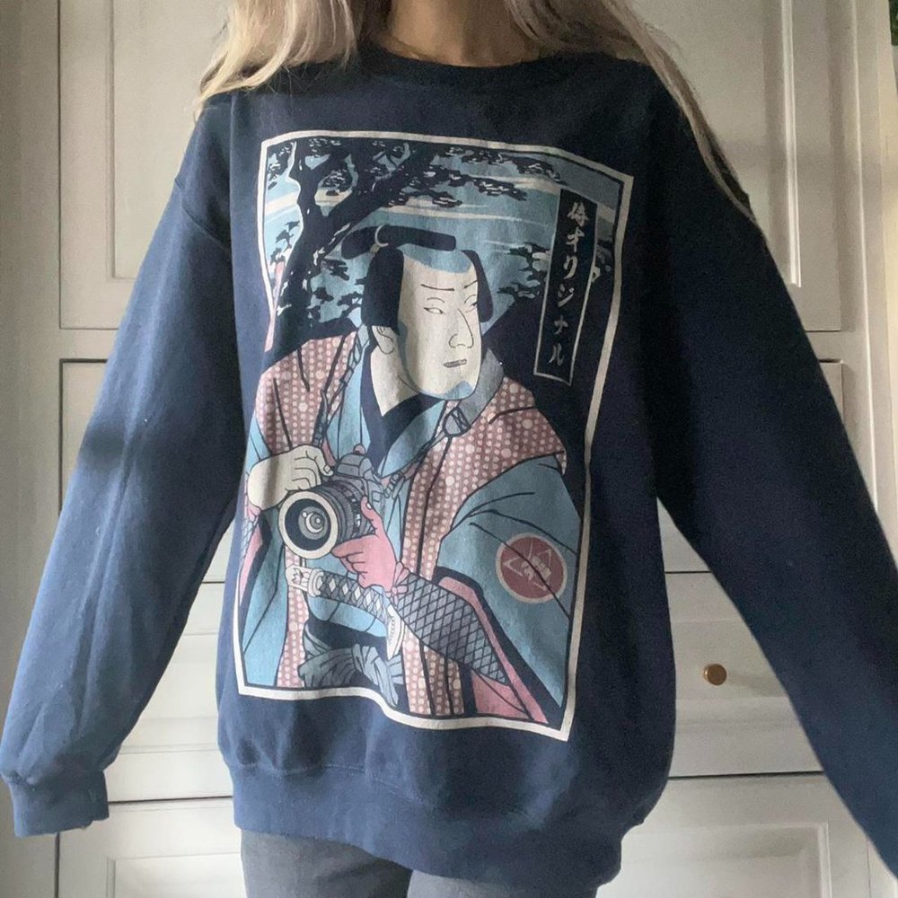 Graphic Oversized Asian Print Crewneck Sweatshirt